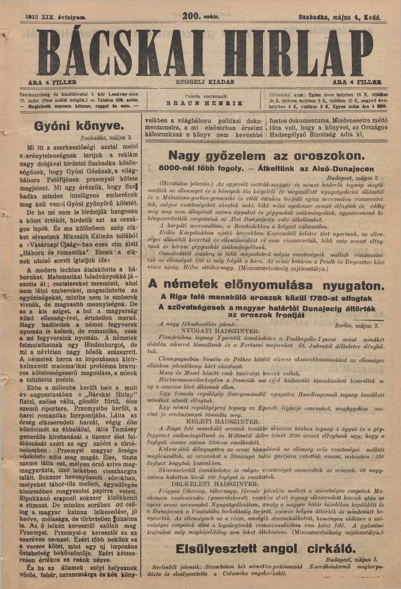 Bácskai Hirlap, 19. évf. 1915. május 4. 200. sz.