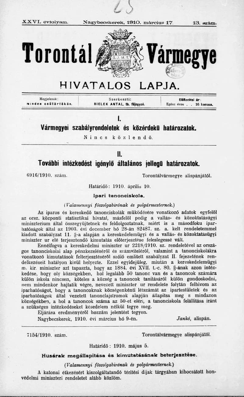 Torontál Vármegye Hivatalos Lapja, 26. évf. 1910. március 17. 13. sz.