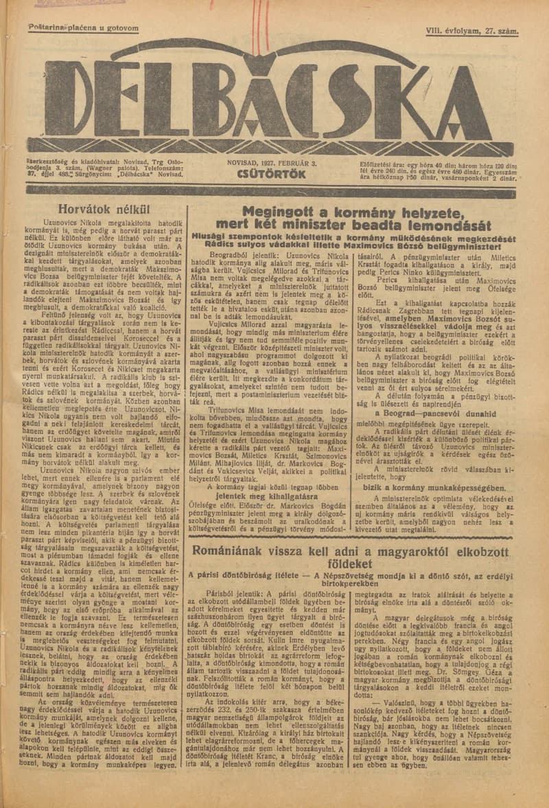 Délbácska, 8. évf. 1927. február 3. 27. sz.