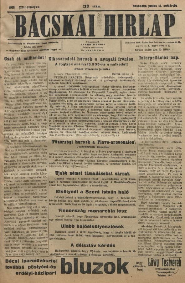 Bácskai Hirlap, 22. évf. 1918. június 13. 133. sz.