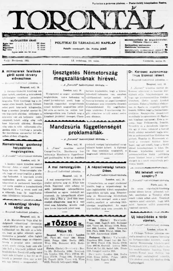 Torontál, 51. évf. 1922. május 18. 111. sz.