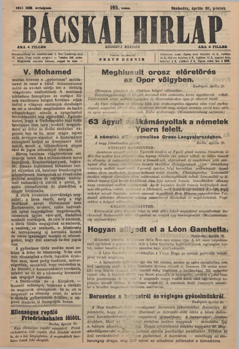 Bácskai Hirlap, 19. évf. 1915. április 30. 195. sz.