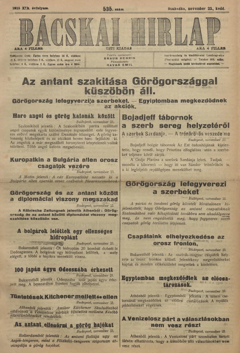 Bácskai Hirlap, 19. évf. 1915. november 23. 535. sz.