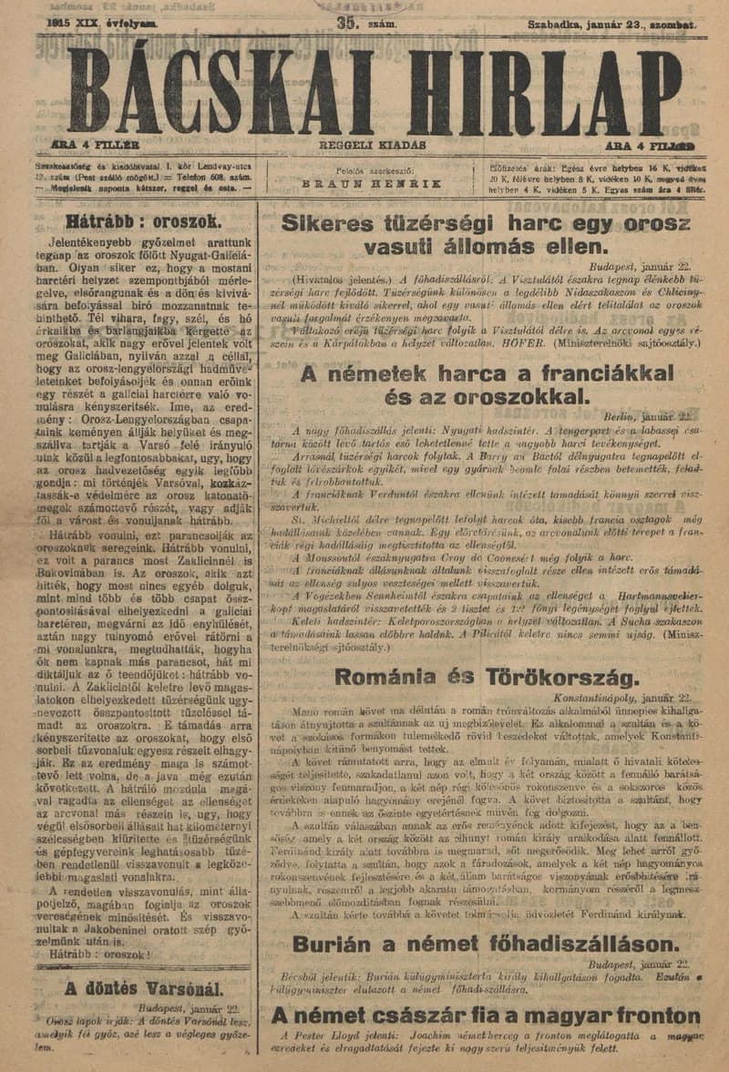Bácskai Hirlap, 19. évf. 1915. január 23. 35. sz.