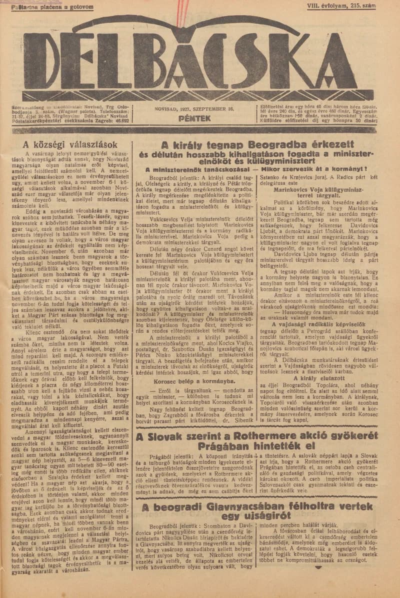 Délbácska, 8. évf. 1927. szeptember 16. 215. sz.