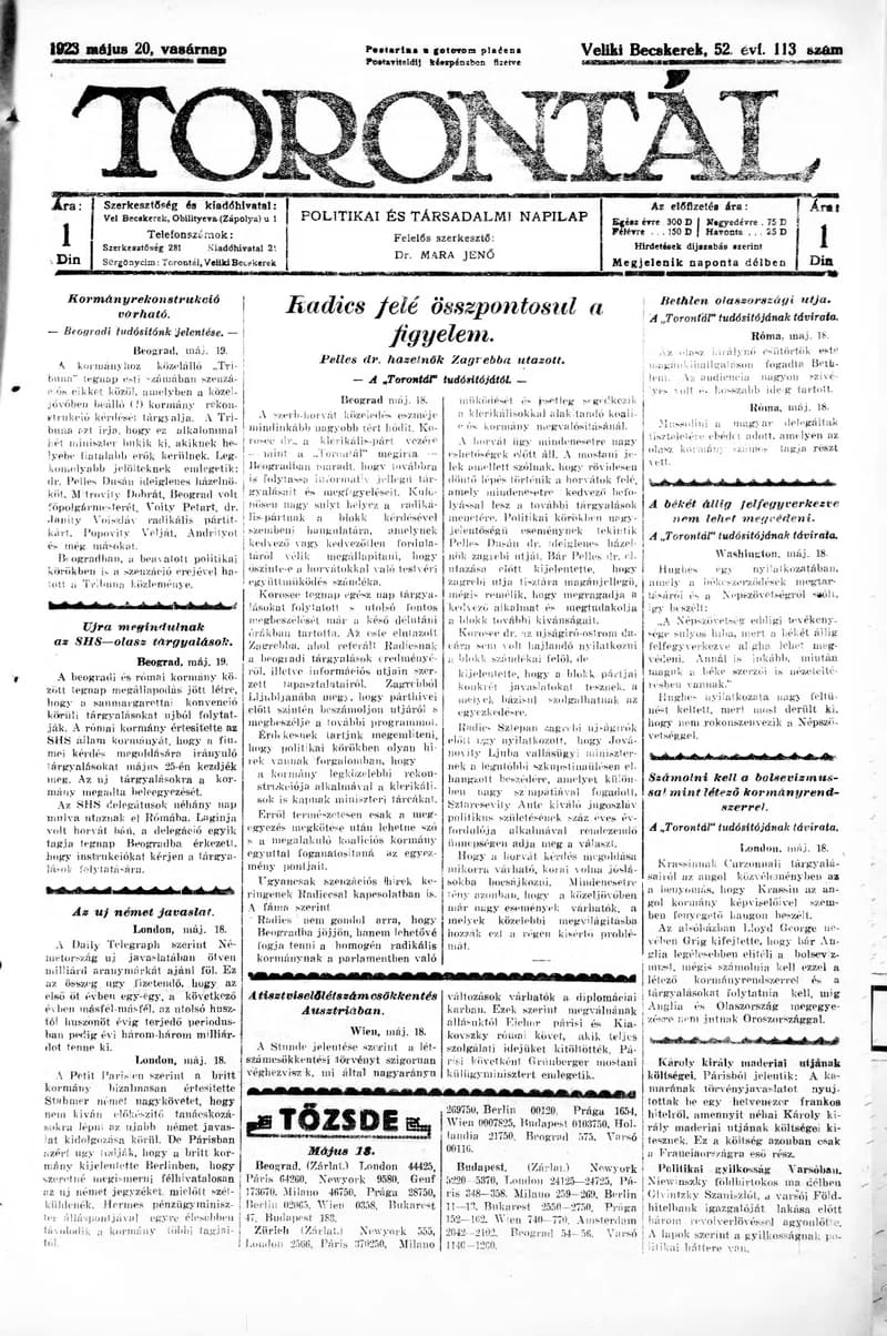 Torontál, 52. évf. 1923. május 20. 113. sz.