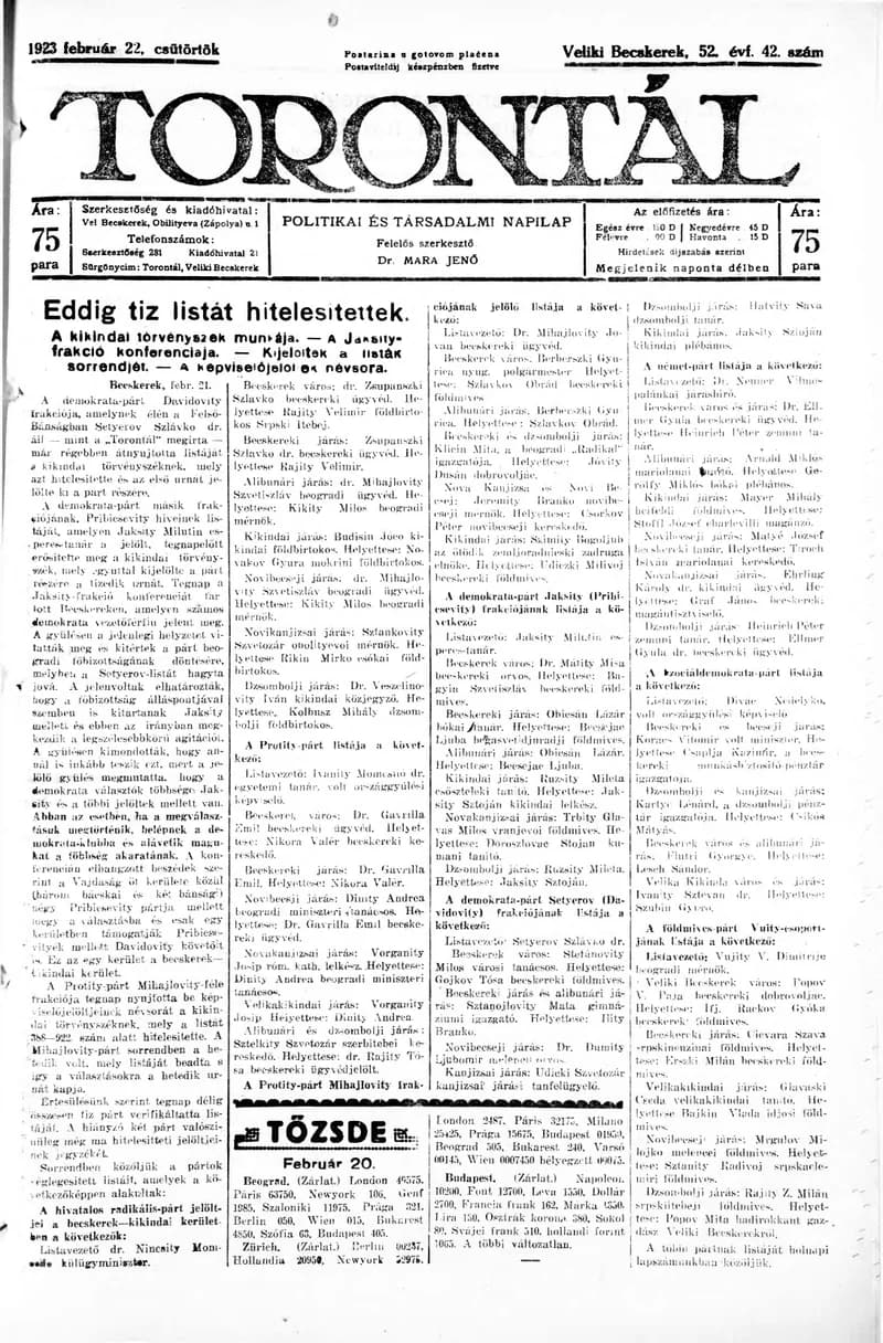Torontál, 52. évf. 1923. február 22. 42. sz.