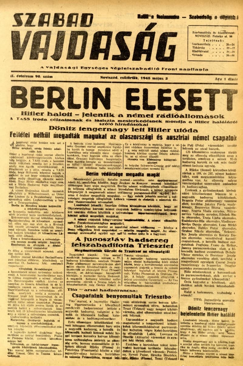 Szabad Vajdaság, 2. évf. 1945. május 3. 98. sz.