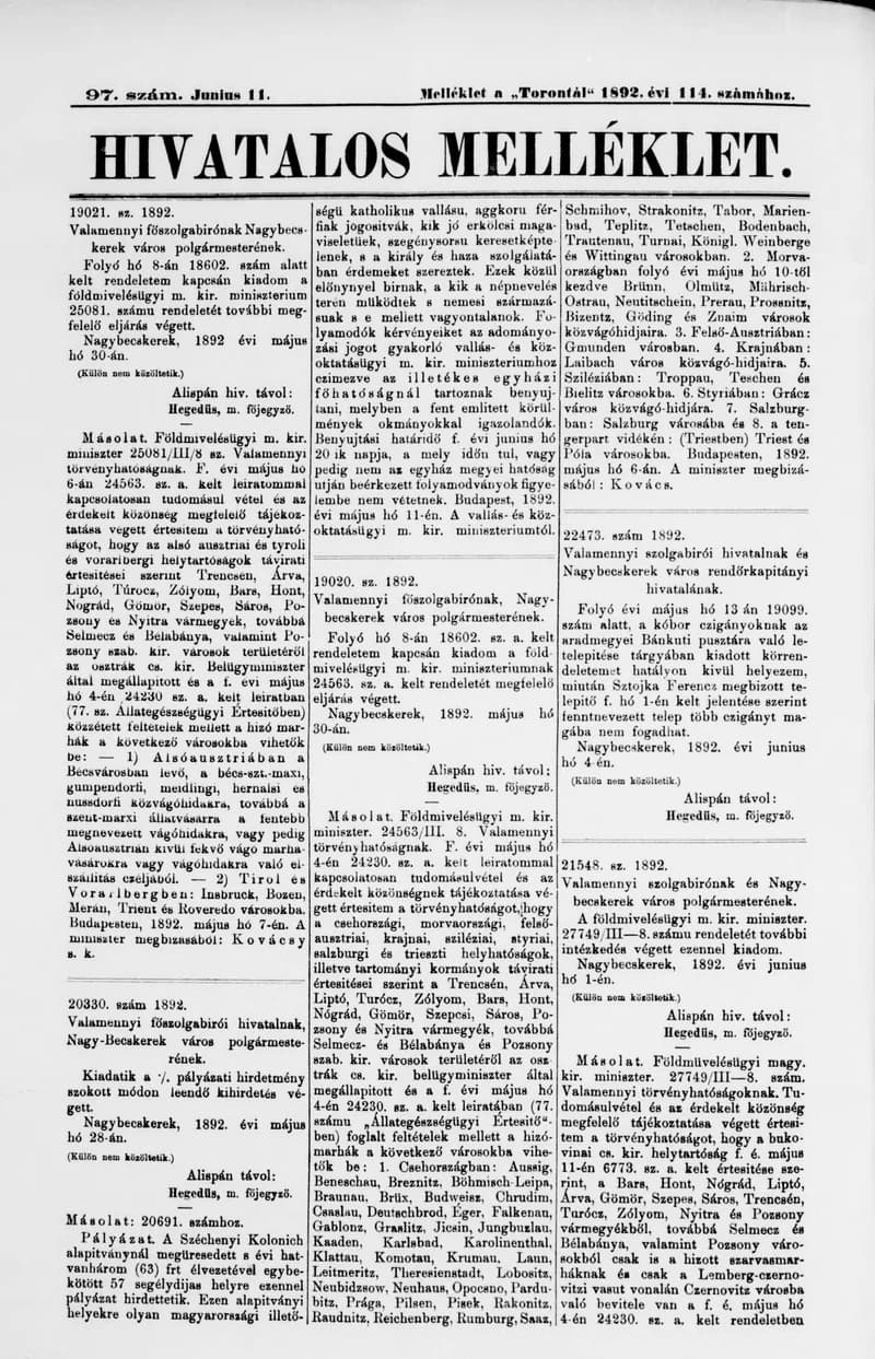 A Totontál  hivatalos melléklete, 5. évf. 1892. június 11. 97. sz.