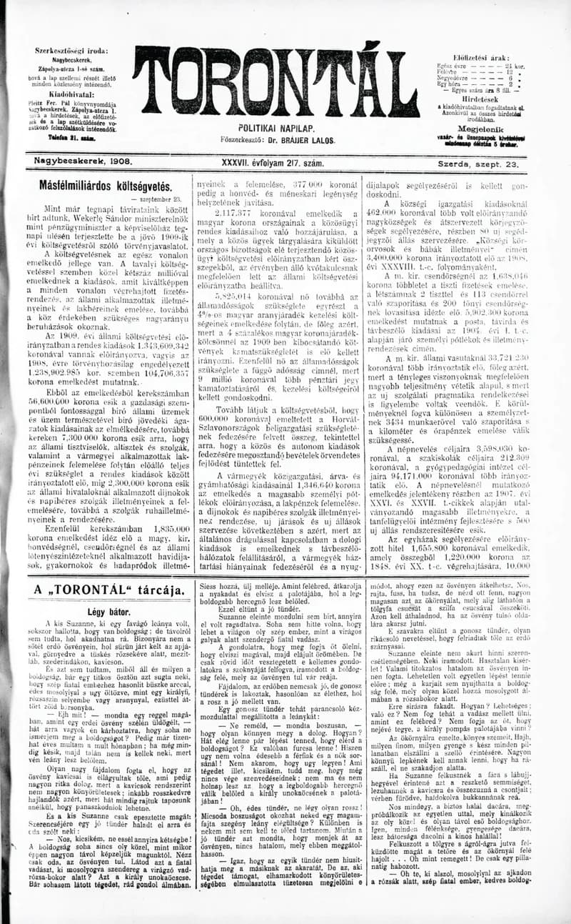 Torontál, 37. évf. 1908. szeptember 23. 217. sz.