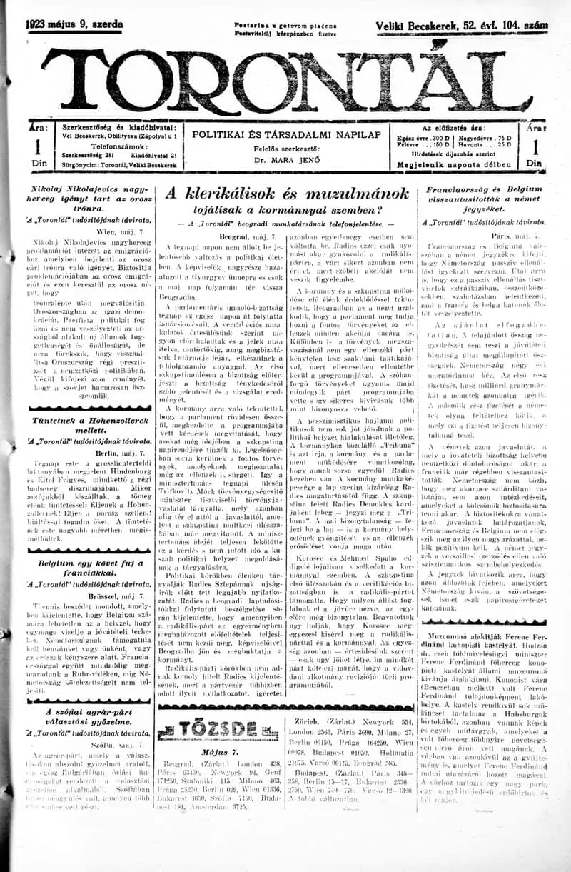 Torontál, 52. évf. 1923. május 9. 104. sz.