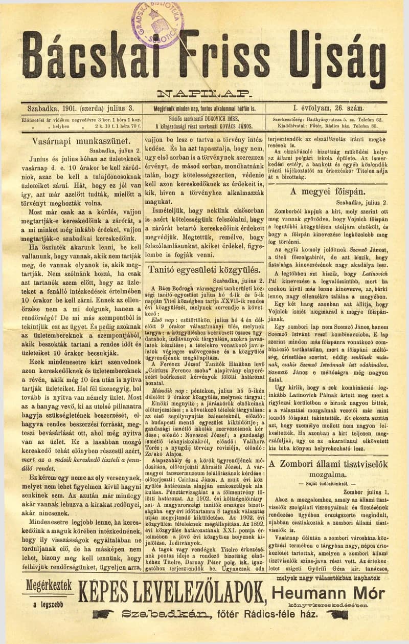 Bácskai Friss Ujság, 1. évf. 1901. július 3. 26. sz.