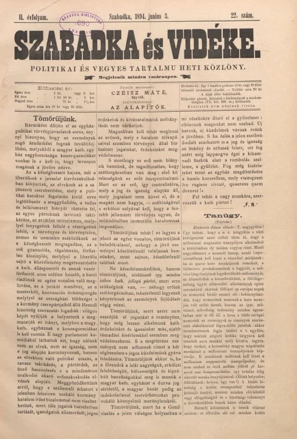 Szabadka és vidéke II, 2. évf. 1894. június 3. 22. sz.