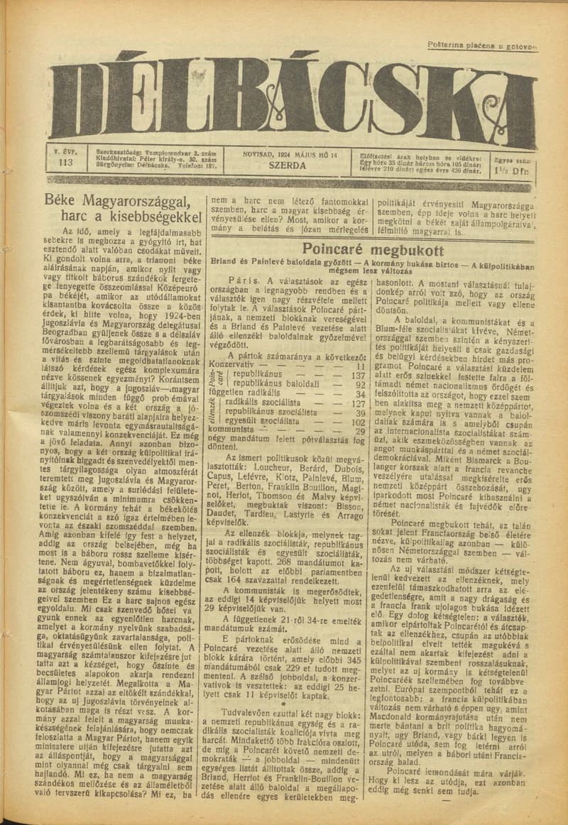 Délbácska, 5. évf. 1924. május 14. 113. sz.