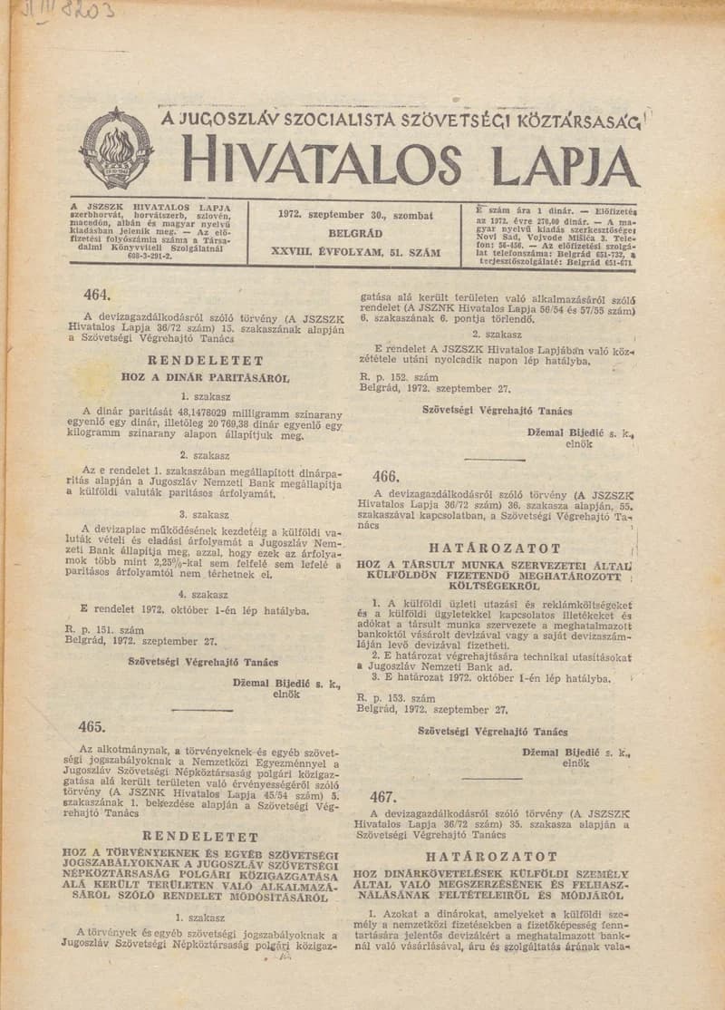 A Jugoszláv Szocialista Szövetségi Köztársaság Hivatalos Lapja, 28. évf. 1972. szeptember 30. 51. sz. 985–992. oldal