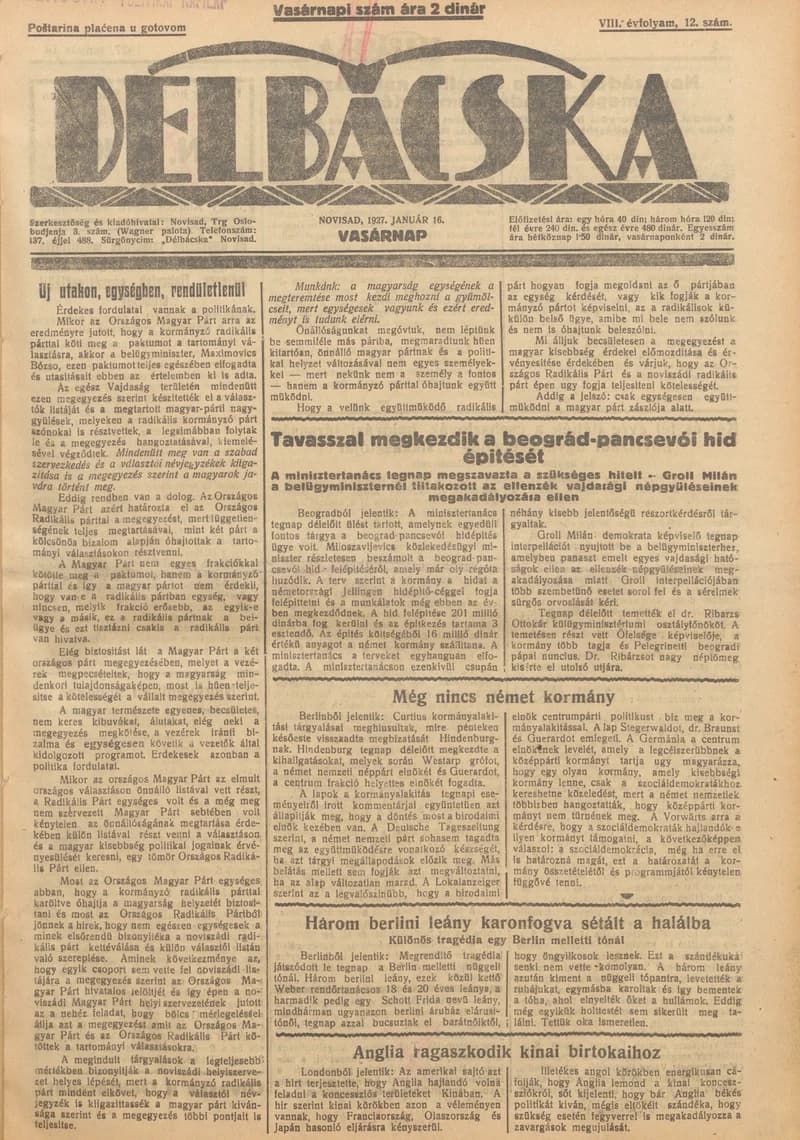 Délbácska, 8. évf. 1927. január 16. 12. sz.