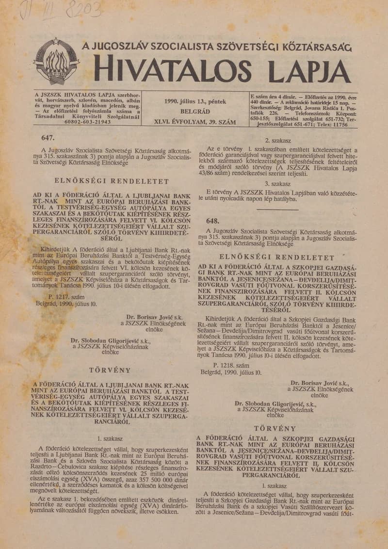 A Jugoszláv Szocialista Szövetségi Köztársaság Hivatalos Lapja, 46. évf. 1990. július 13. 39. sz. 1233–1244. oldal