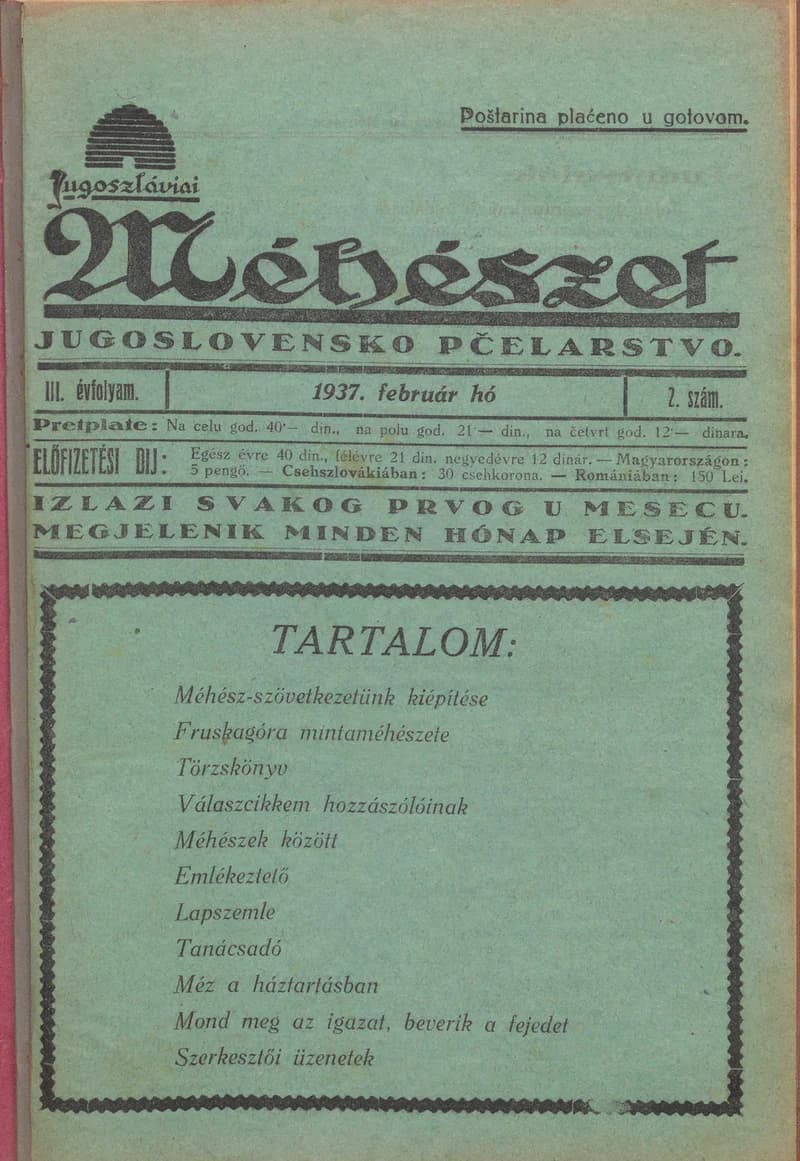 Jugoszláviai méhészet, 3. évf. 1937. február 1. 2. sz.