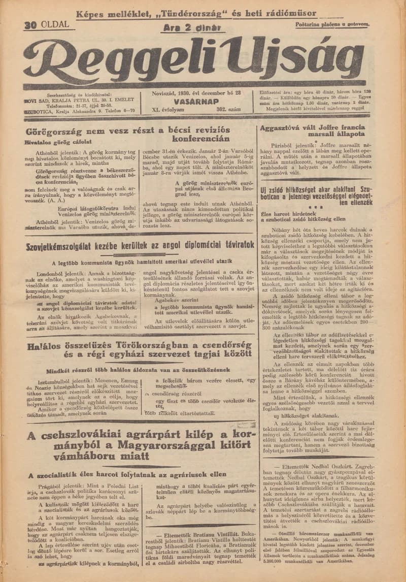 Reggeli Újság, 11. évf. 1930. december 28. 302. sz.