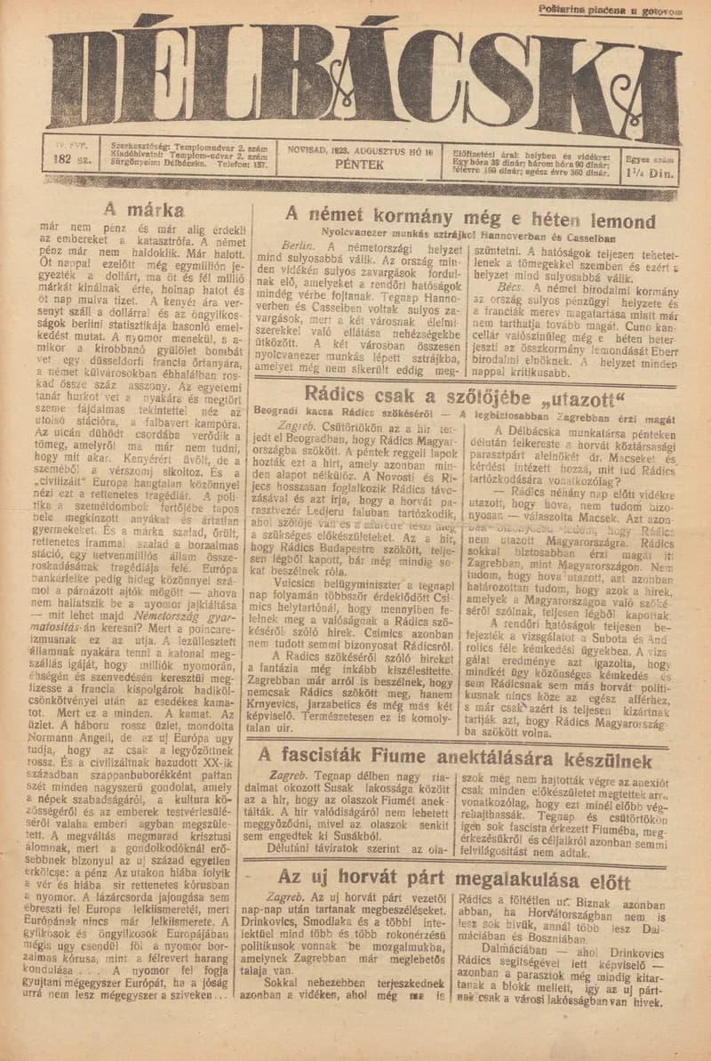 Délbácska, 4. évf. 1923. augusztus 10. 182. sz.