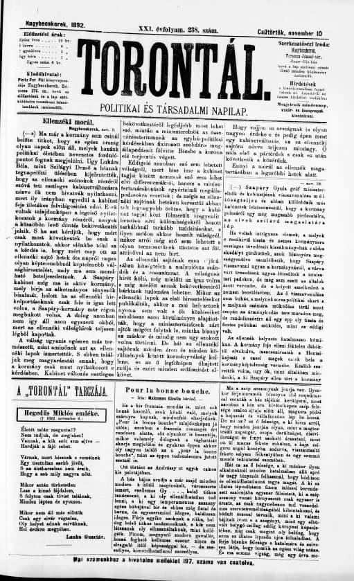 Torontál, 21. évf. 1892. november 10. 238. sz.