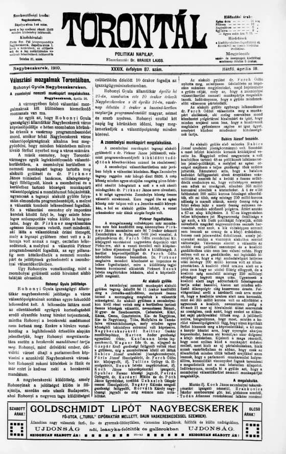 Torontál, 39. évf. 1910. április 18. 87. sz.