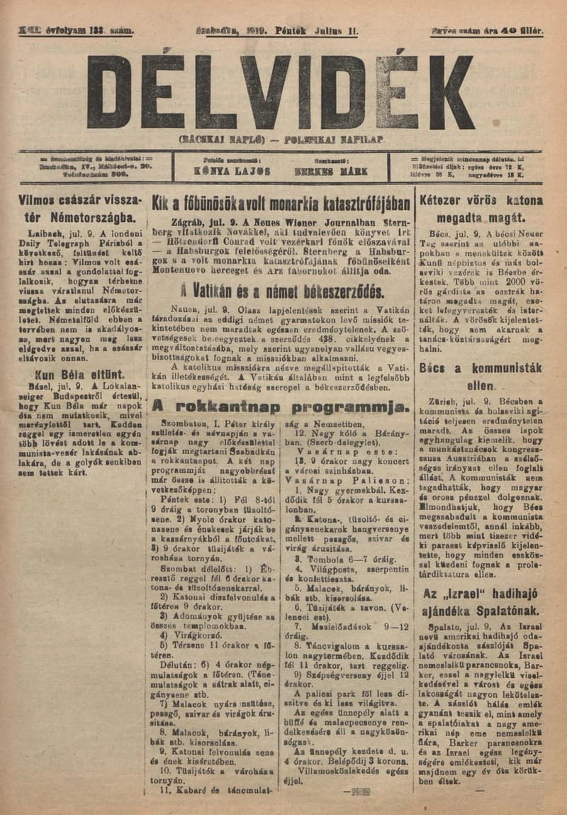 Délvidék, 13. évf. 1919. július 11. 133. sz.