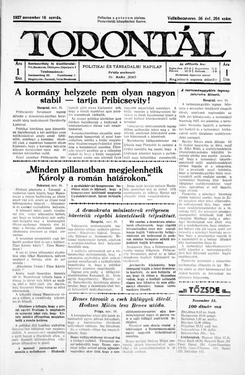 Torontál, 56. évf. 1927. november 16. 264. sz.