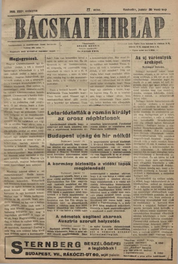 Bácskai Hirlap, 22. évf. 1918. január 20. 17. sz.