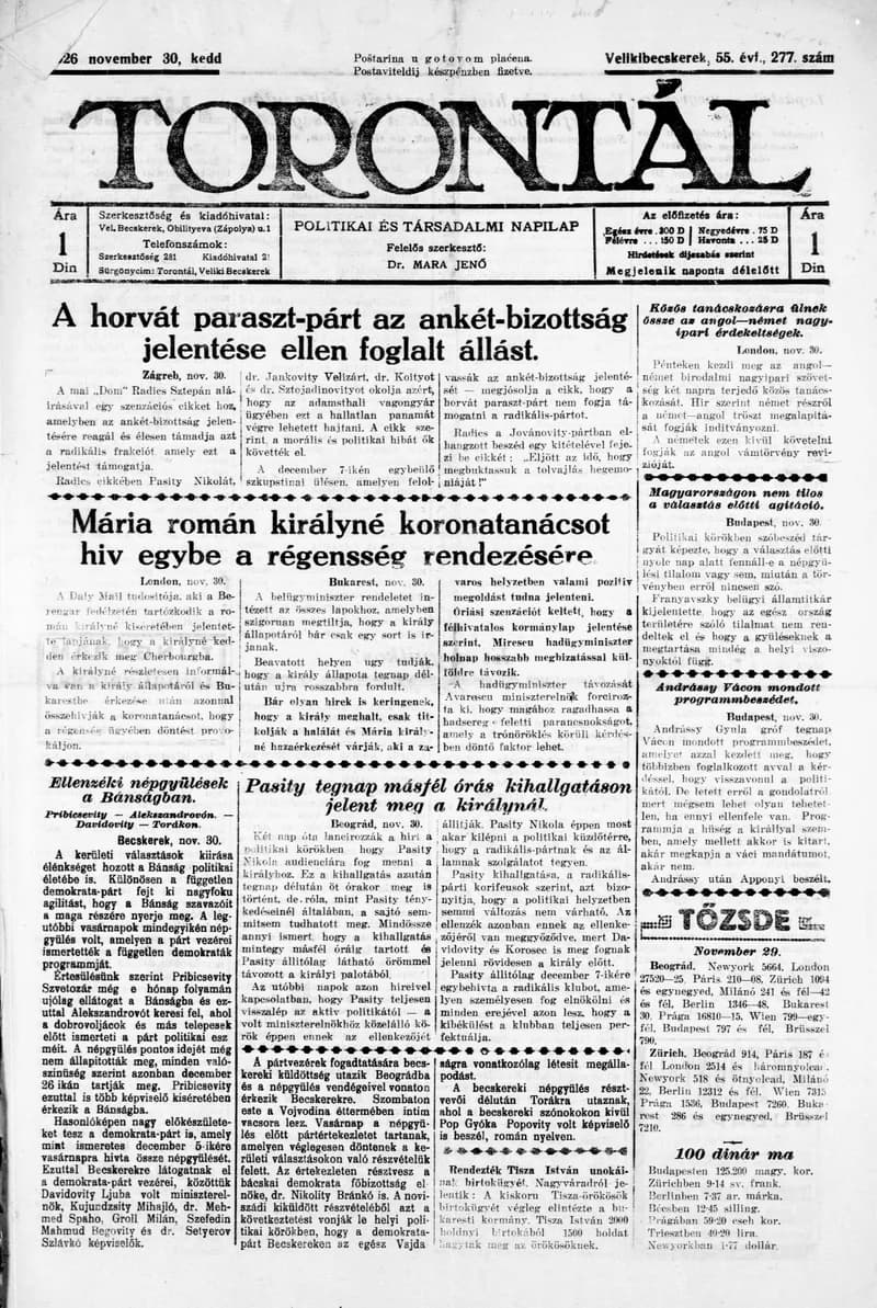 Torontál, 55. évf. 1926. november 30. 277. sz.