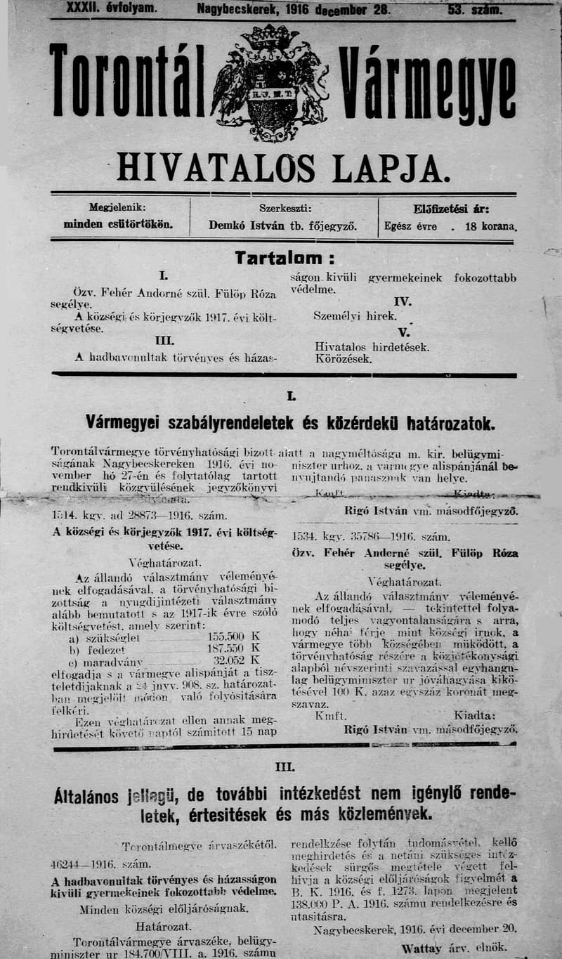 Torontál Vármegye Hivatalos Lapja, 32. évf. 1916. december 28. 53. sz.