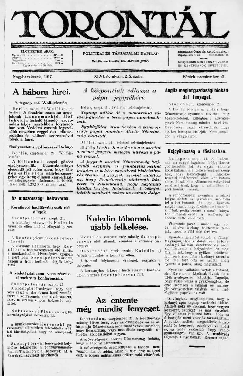 Torontál, 46. évf. 1917. szeptember 21. 215. sz.