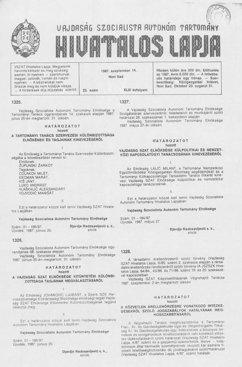 Vajdaság Szocialista Autonóm Tartomány Hivatalos Lapja, 43. évf. 1987. szeptember 14. 23. sz.