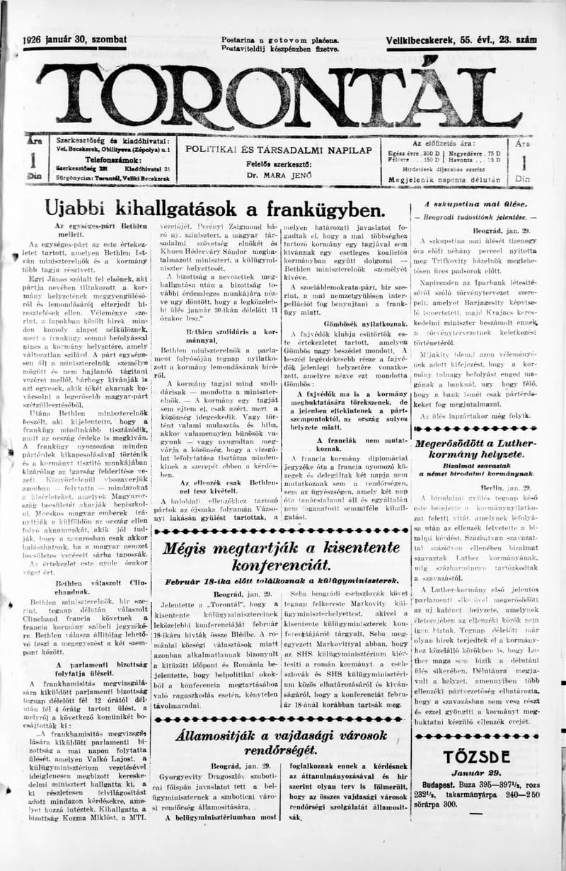 Torontál, 55. évf. 1926. január 30. 23. sz.