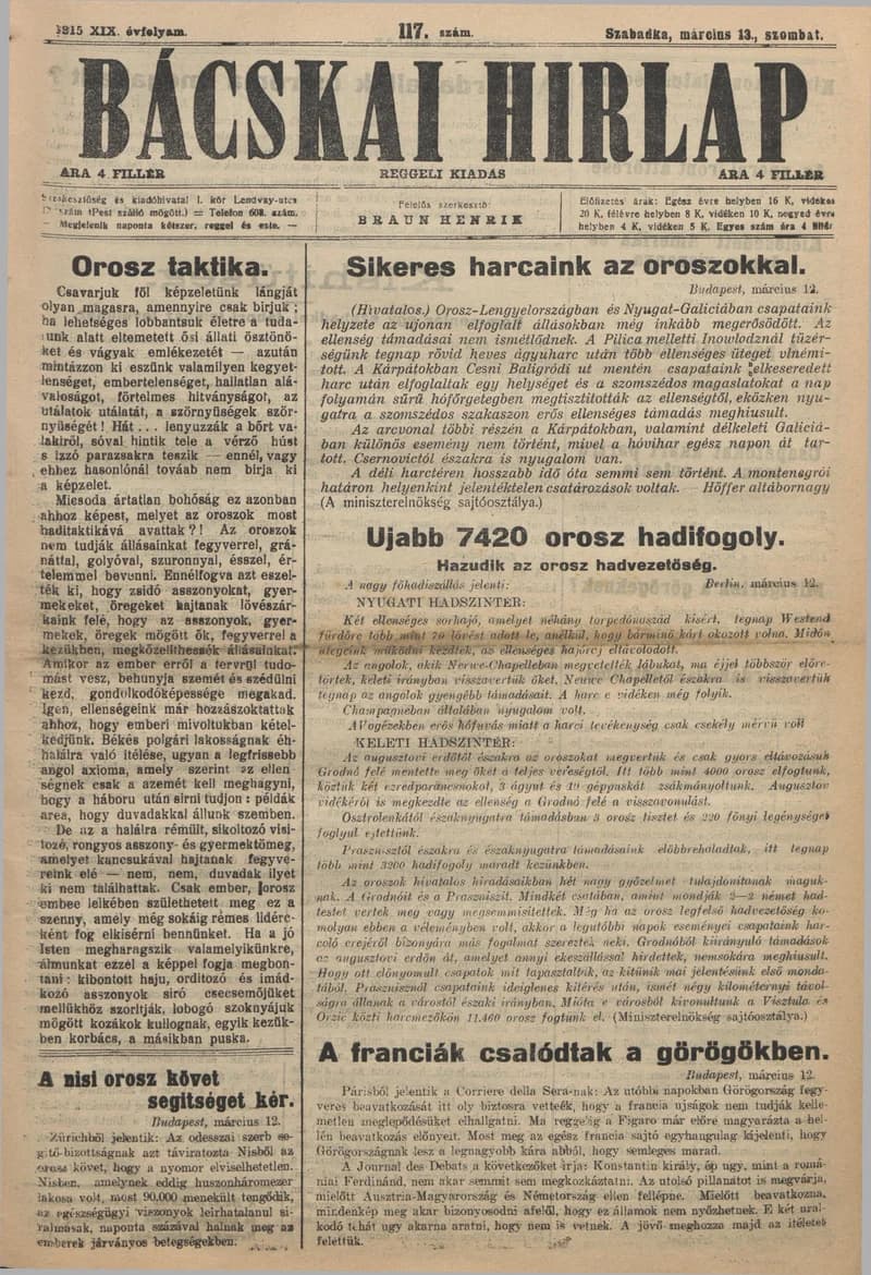 Bácskai Hirlap, 19. évf. 1915. március 13. 117. sz.