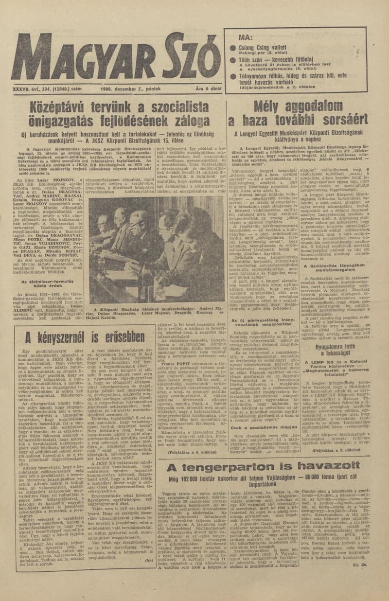 Magyar Szó, 37. évf. 1980. december 5. 334. sz. 1–20. oldal