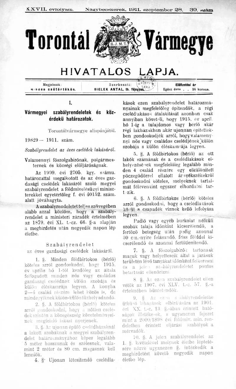 Torontál Vármegye Hivatalos Lapja, 27. évf. 1911. szeptember 28. 39. sz.
