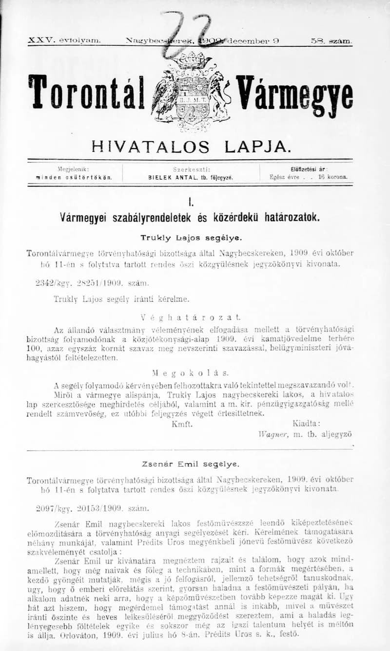 Torontál Vármegye Hivatalos Lapja, 25. évf. 1909. december 9. 58. sz.
