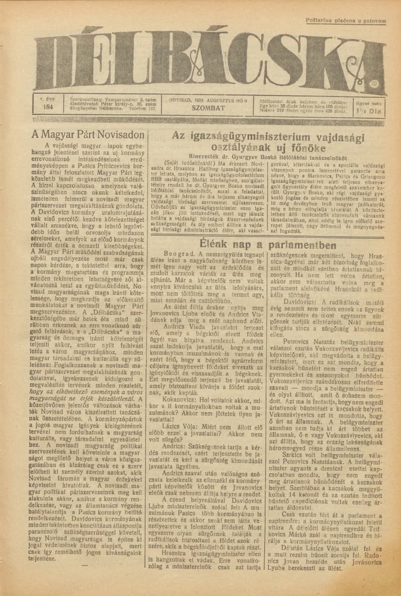 Délbácska, 5. évf. 1924. augusztus 9. 184. sz.