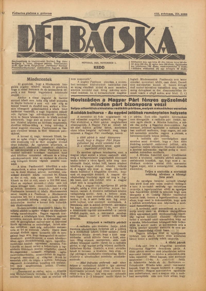 Délbácska, 8. évf. 1927. november 1. 254. sz.