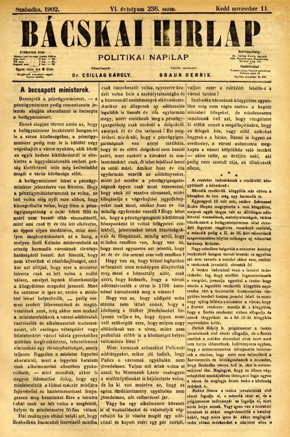 Bácskai Hirlap, 6. évf. 1902. november 11. 236. sz.