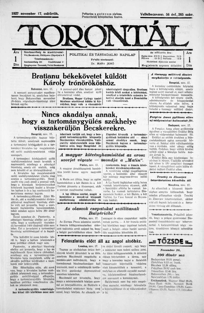 Torontál, 56. évf. 1927. november 17. 265. sz.