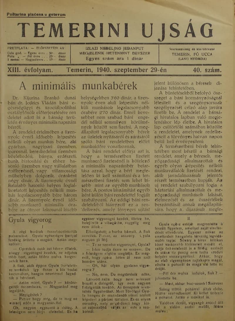Temerini Újság 1928-1944, 13. évf. 1940. szeptember 29. 40. sz.