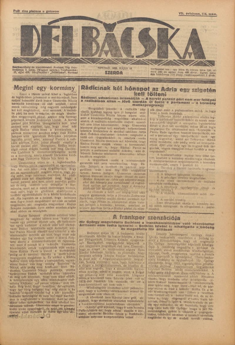 Délbácska, 7. évf. 1926. május 19. 114. sz.