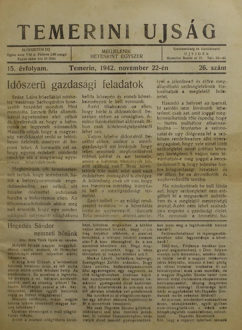 Temerini Újság 1928-1944, 15. évf. 1942. november 22. 26. sz.