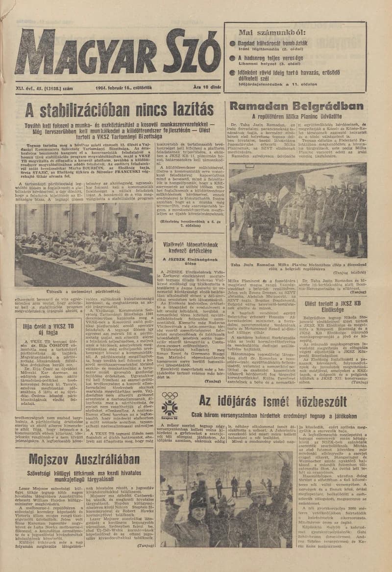 Magyar Szó, 41. évf. 1984. február 16. 45. sz. 1–20. oldal