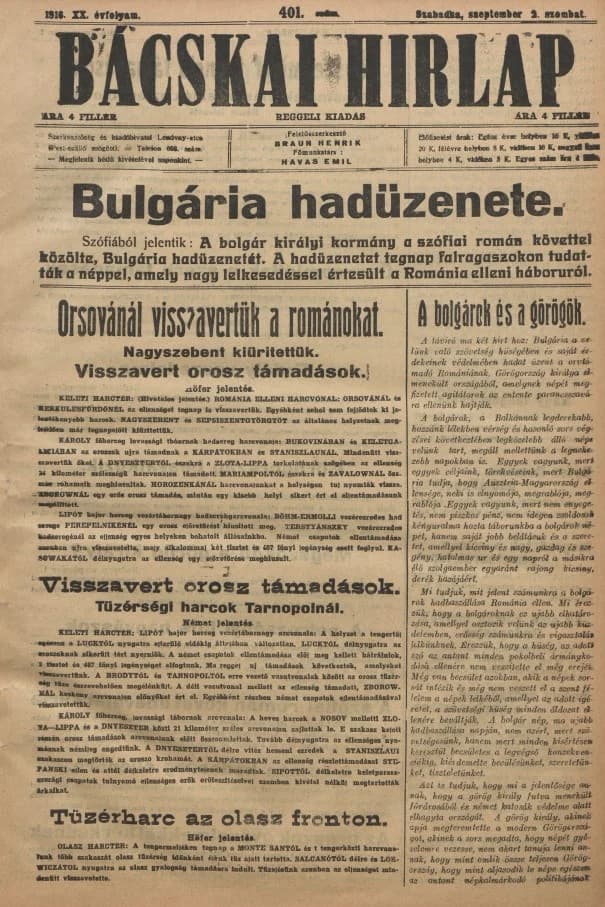 Bácskai Hirlap, 20. évf. 1916. szeptember 2. 401. sz.