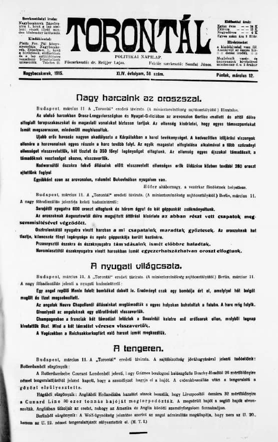 Torontál, 44. évf. 1915. március 12. 58. sz.