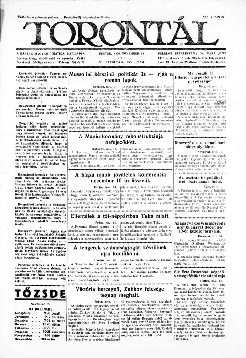 Torontál, 58. évf. 1929. november 15. 263. sz.