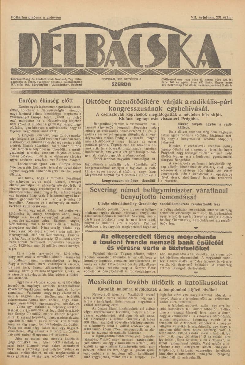Délbácska, 7. évf. 1926. október 6. 231. sz.